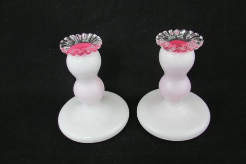 Vintage Fenton PEACH BLOW SILVER CREST 7270 CANDLESTICKS CANDLE HOLDERS