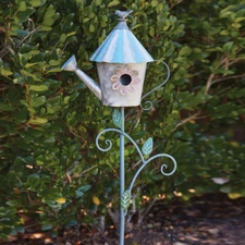 Watering Can Birdhouse | Whimsical Garden Stake Decor | 14½''W x 9''D x 56''H