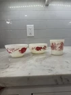 Vintage 1950s Fire King Davy Crockett Milk Glass Red Print Bowls And Mug