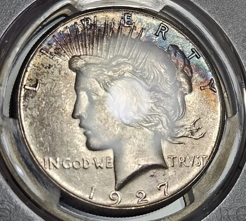 1927 Peace Silver Dollar $1 PCGS MS63 Gold Shield Toner