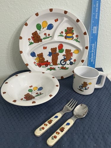 Vintage 1987 Bears Balloons Melamine Ware Kids Plate Bowl Mug Fork Spoon Set 5pc