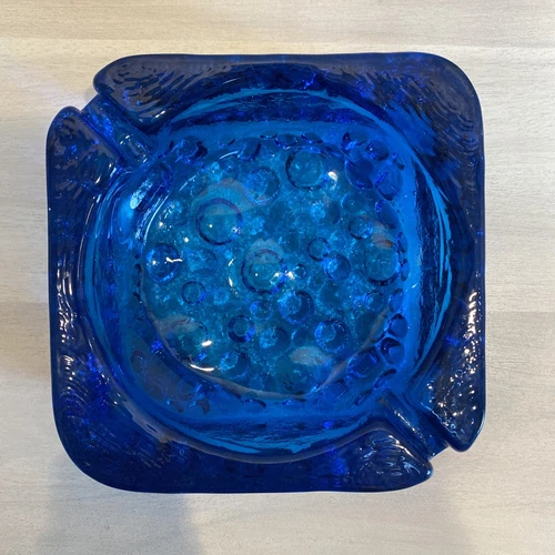 Blenko MCM Blue Bubble Base Thick Heavy Glass 2 Slot Ashtray
