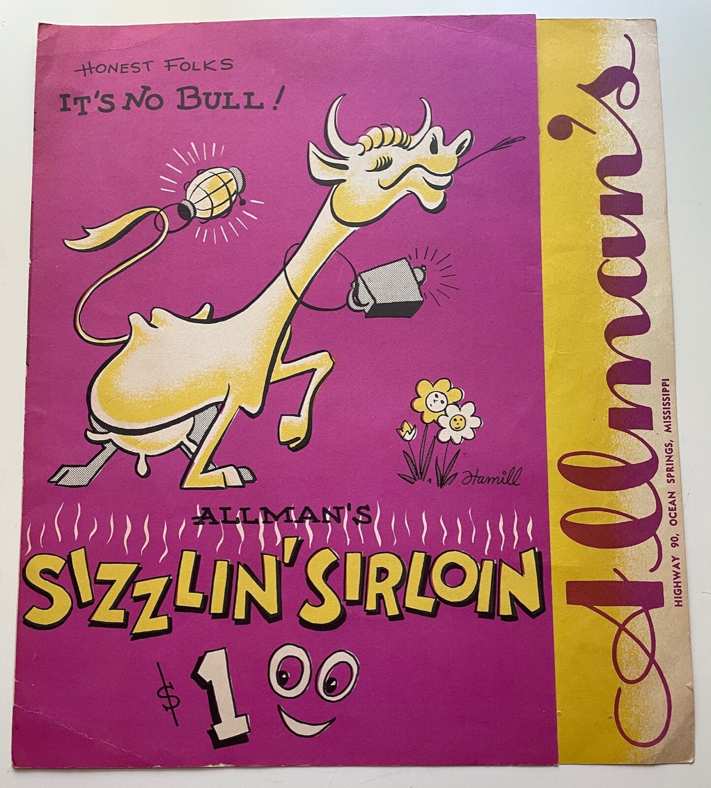 VTG Allman's Sizzlin' Sirloin Restaurant Menu Art Steakhouse Seafood
