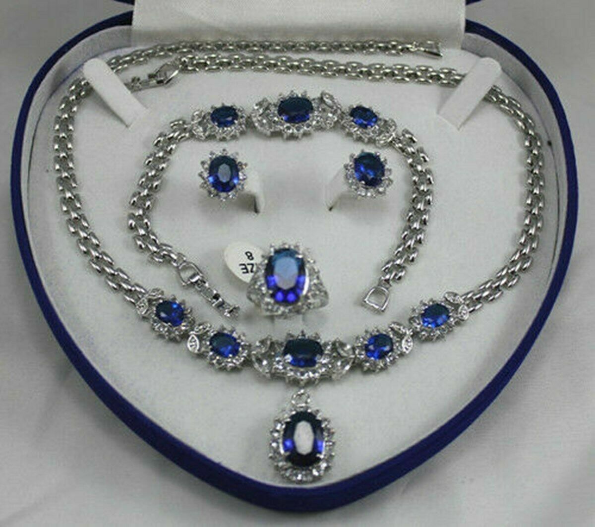 18K GP White Gold Blue Sapphire Set Earring Bracelet Necklace j14