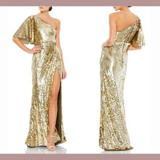 NWT $598 Mac Duggal [ 12 ] One Shoulder Sequin Column Gown in Gold #Q253
