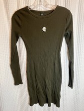 Wild Fable Small S Long Sleeve Dress Green Olive Flower Daisy Midi Ribbed AE7