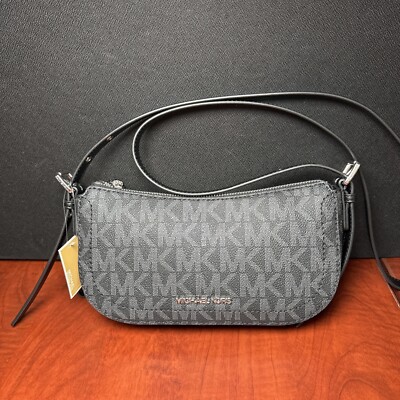 Michael Kors Camden MK Logo Signature Printed Crossbody Black Zip Bag Purse, New