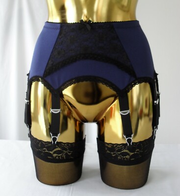 Large 14 Strap Navy Blue Black Arch Lace Lycra Sexy Designer Suspender Belt