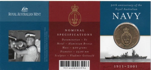 AUSTRALIAN: 2001 $1  90TH ANNIVERSARY OF THE ROYAL AUSTRALIAN NAVY COIN ON CARD-