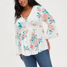 Torrid Floral Babydoll Gauze Crochet Lace Up Top Plus Size 3 (22/24) 3X