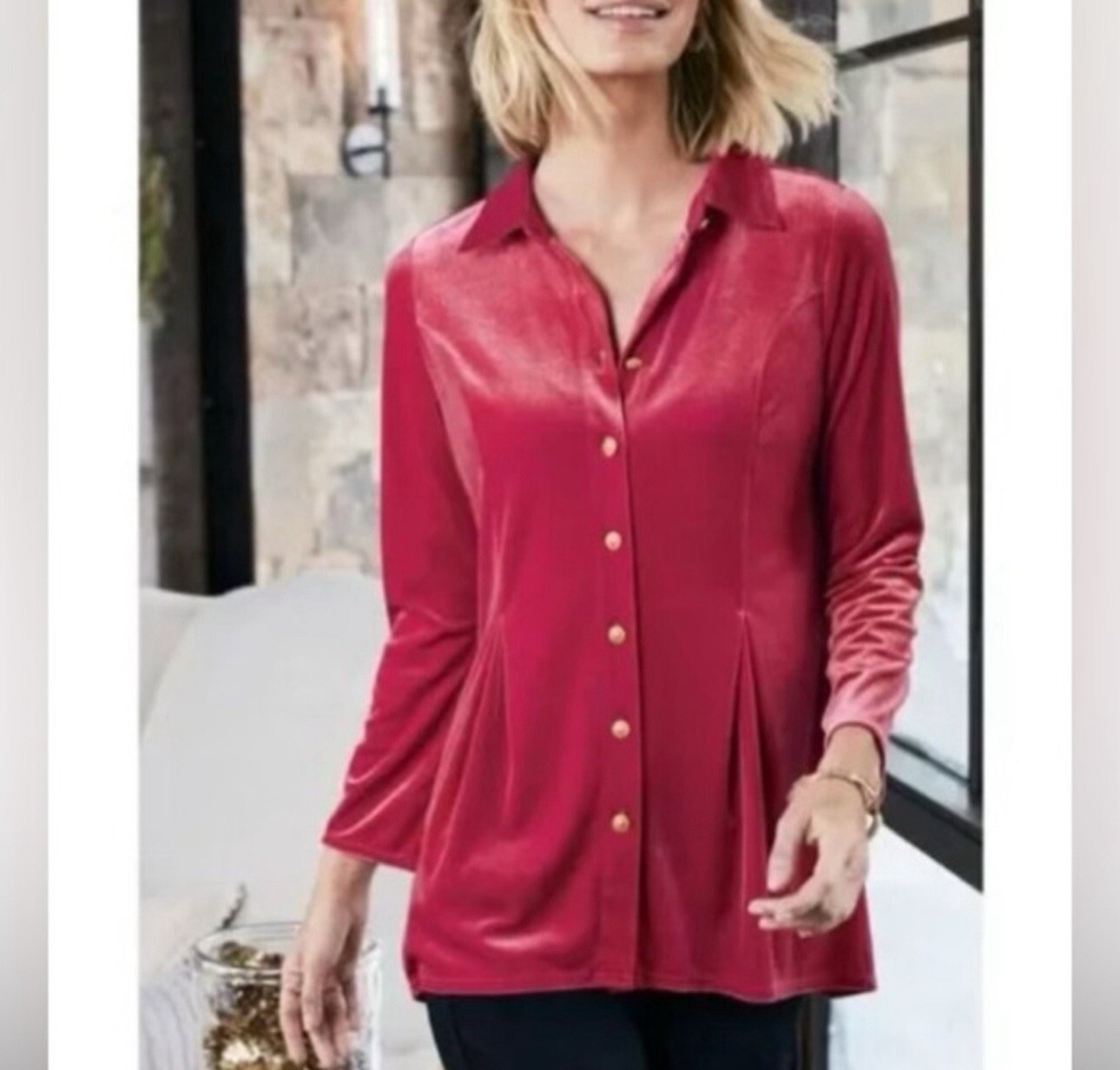 Soft Surroundings Button Down Velvet Shirt Women’s Size Large Sangria Red