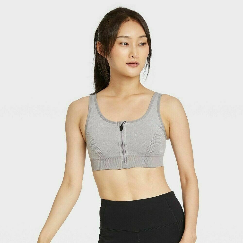 ALL IN MOTION SEAMLESS FRONT ZIP SPORT BRA SIZE XS HEATHER GRAY