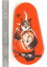 Vintage Tin Litho Halloween Owl /Pumpkin Rachet Noisemaker Circa 1940's, Black