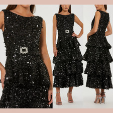 NWT IEENA Mac Duggal [ 10 ] 27733 Sequin Ruffle Midi Dress with Belt Black J2373