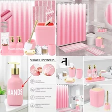 Complete Pink Bathroom Accessory Set: Shower Curtain, Rugs, Trash Can, Toilet Br