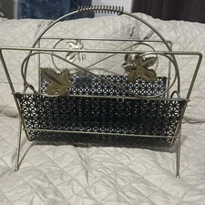 VTG Mid Century Gold Metal Mesh Magazine Rack Holder 1950s-60s MCM Leaves