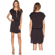 VINCE Black Blouson Drawstring Waist Chest Pocket Button-Up Shirt Dress S = 4/6