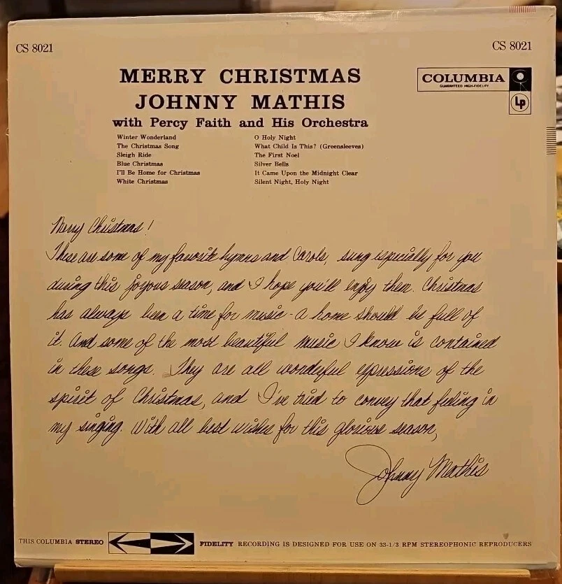 Johnny Mathis, Merry Christmas, Mono-CL 1195, Stereo CS 8021, 12" Vinyl LP - EX