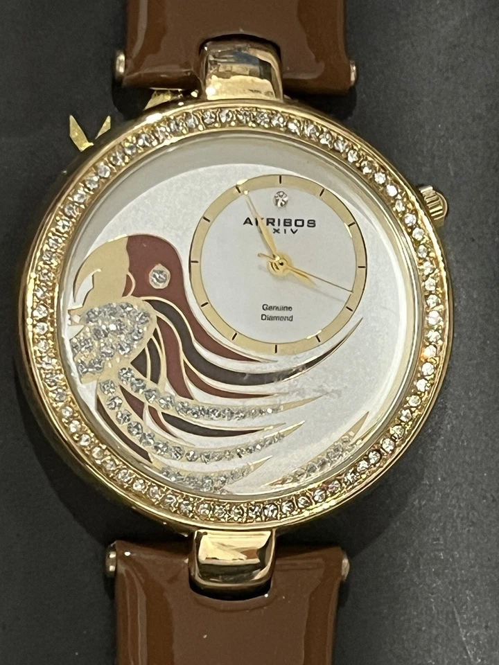 Reloj pulsera para mujer Akribos XXIV esfera loro correa de cuero con detalles de diamantes Foto 2 de 4
