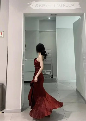 New Vintage Velvet Long Dress Women's Italian Noodle Strap Flower Dress - Picture 13 of 19