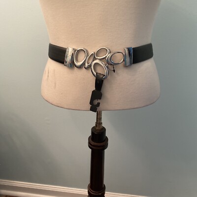 Chicos Adjustable Black Leather Belt Silver Hardware Hook and Loop Pebbled Sz ML CHICO main image 4