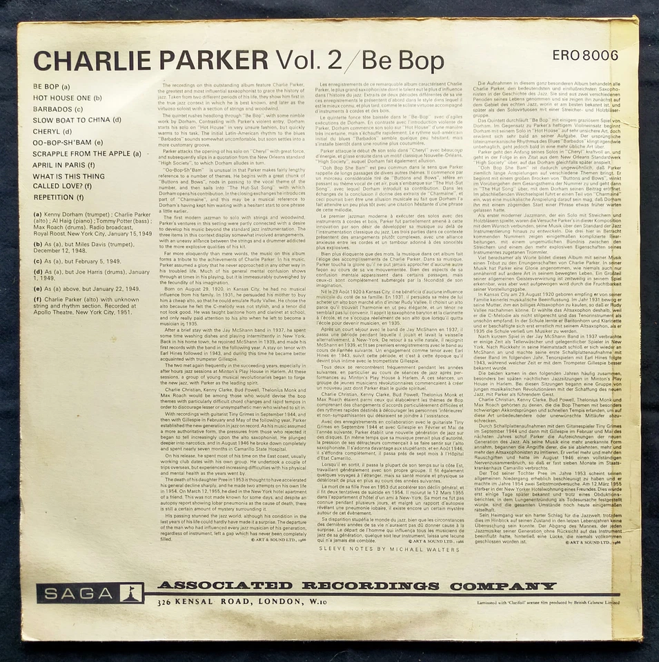 CHARLIE PARKER VOL 2  BE BOP  LP / Vinyle Vintage Jazz - Photo 2/3