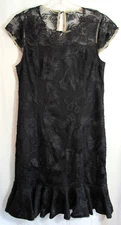 Halston Black Floral Lace Overlay Knee Length Cap Sleeve Ruffle Hem Dress 12 EUC
