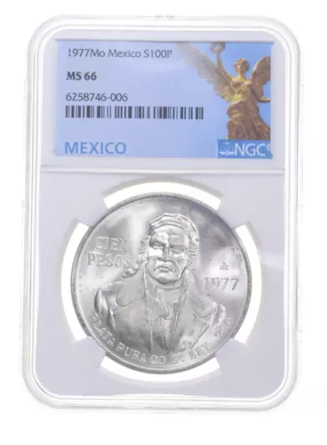 MS66 1977 MEXICO SILVER 100 PESOS S100P NGC STELLAR LUSTER GEM BU