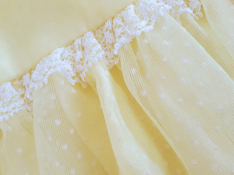 VTG 70s YELLOW FLOCKED SWISS DOT SLEEVELESS DRESS SZ 18-24 MO Easter Spring LACE - Image 3 of 4