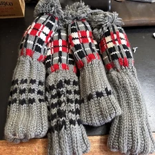 Vintage Deluxe Knit Golf Club Head Covers Pom Pom Set Of 4 Grey Black Red White