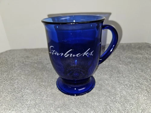Anchor Hocking STARBUCKS COFFEE Cobalt Blue Mug Etched Footed Vintage