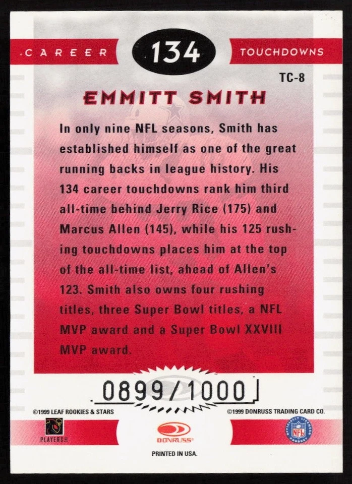 Emmitt Smith 1999 Leaf Rookies & Stars Touchdown Club #TC-8 #/1000 - Image 2 of 2
