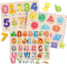 New Wooden Montessori Puzzles for Toddlers, 3 Pack ABC, Number and Shape Puzzle