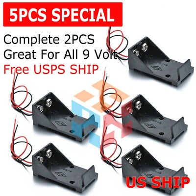 5Pcs 2 Wires DC 9V Cell Volt Battery Storage Clip Holder Box Case Cover T model