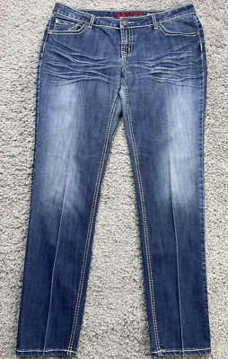 Bongo Women Blue Denim Distressed Heavy Stitch Straight Mid Rise Jeans size 17.
