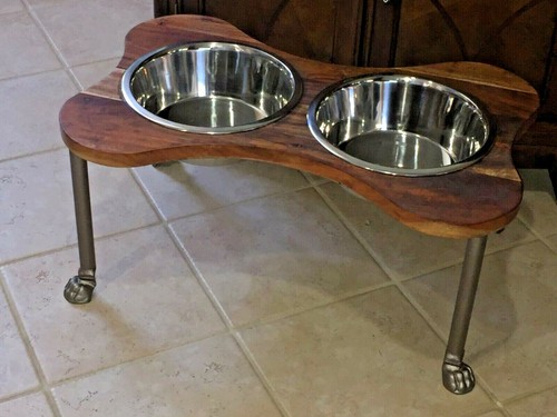 CLAW FEET X-Large WOODEN DOG BONE-SHAPED WITH TWO STAINLESS STEEL BOWLS