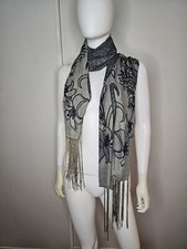 Vintage Chiffon Blk, Grey, And Silver Rectangle Fringe Scarf With Glitter