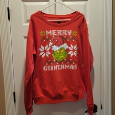 Adult The Grinch Merry Grinchmas with Snowflakes Red Lounge Sweatshirt XL New