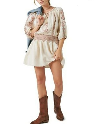 Lucky Brand Women's L Cream Embroidered Boho Peasant Mini Dress Aztec  Tassels | eBay
