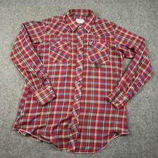 VINTAGE H Bar C Shirt Mens Large Size 16.5 Red Blue Cowboy Pearl Snap Rodeo USA