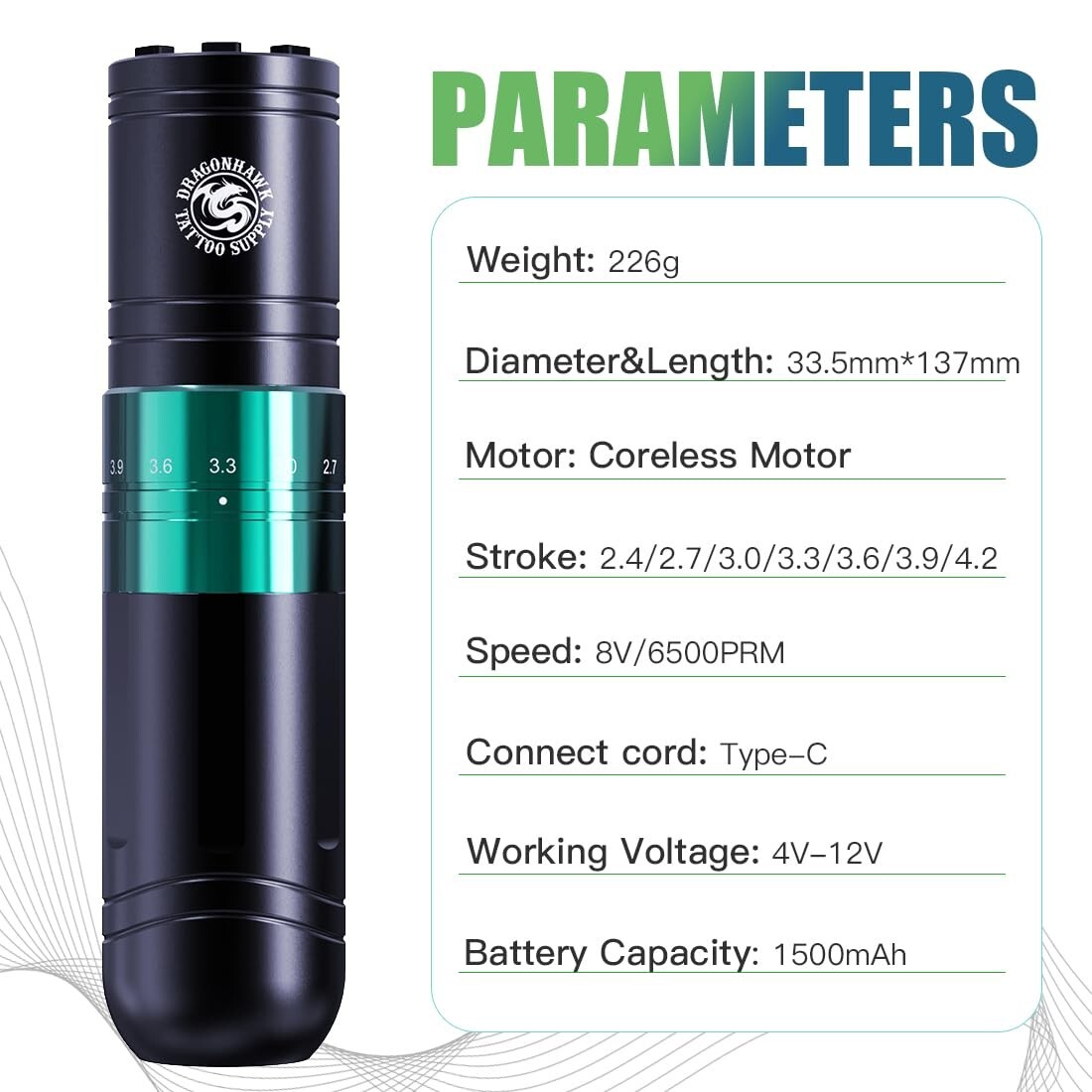 Dragonhawk A2 Wireless Tattoo Pen Kit with 2 Batteries Adjustable Stroke 2.4-4.2