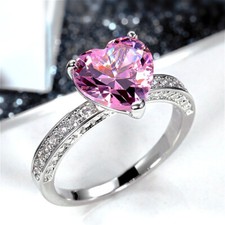 Elegant AAA Zircon Pink Heart Band Ring for Women Promise Wedding Rings Sz 6-10
