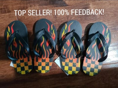 Kohls flip flops Boys Size 12-13 XS Lot 2 pairs Flames Black Orange Yellow Twins