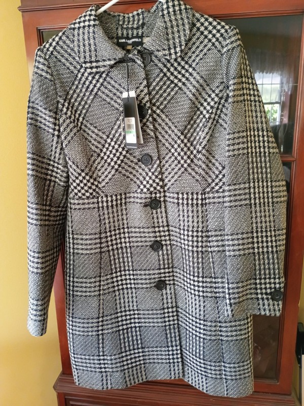 KARL LAGERFELD PARIS Women Black White Plaid Topper Knee Length Jacket MSRP $229