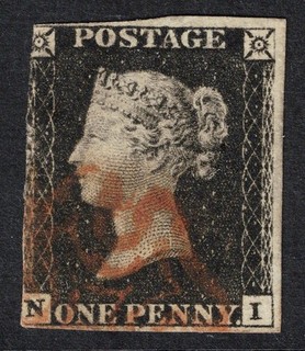 GB QV SG2 1d PENNY BLACK RED MX 3 MARGINS 1840 STAMP cv £425