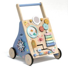 OceanThemed Wooden Baby Walker with Activity Center, Montessori Push Walker T...