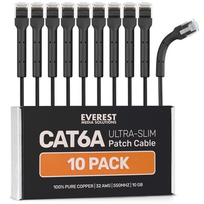 Everest Ultra Slim Cat6a Ethernet Patch Cables 1ft (10-Pack) Black - 10GB Cat 6a