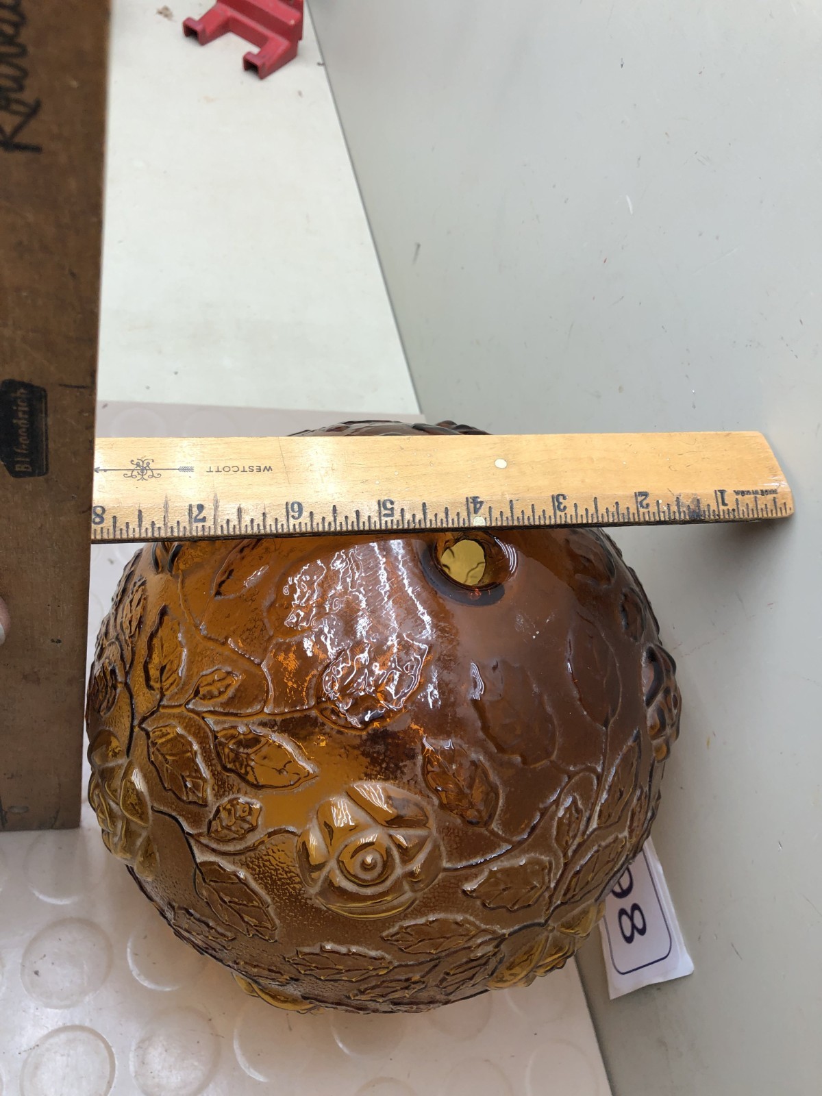 Vintage Glass Light Lamp Round Globe Shade Amber MCM Floral Textured