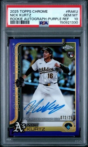 2025 TOPPS CHROME ROOKIE AUTO PURPLE REFRACTOR NICK KURTZ ROOKIE RC /250 PSA 10