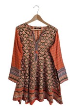 Khaadi Women's Orange/ Green Boho Floral-Print Tunic Top Size 12 L